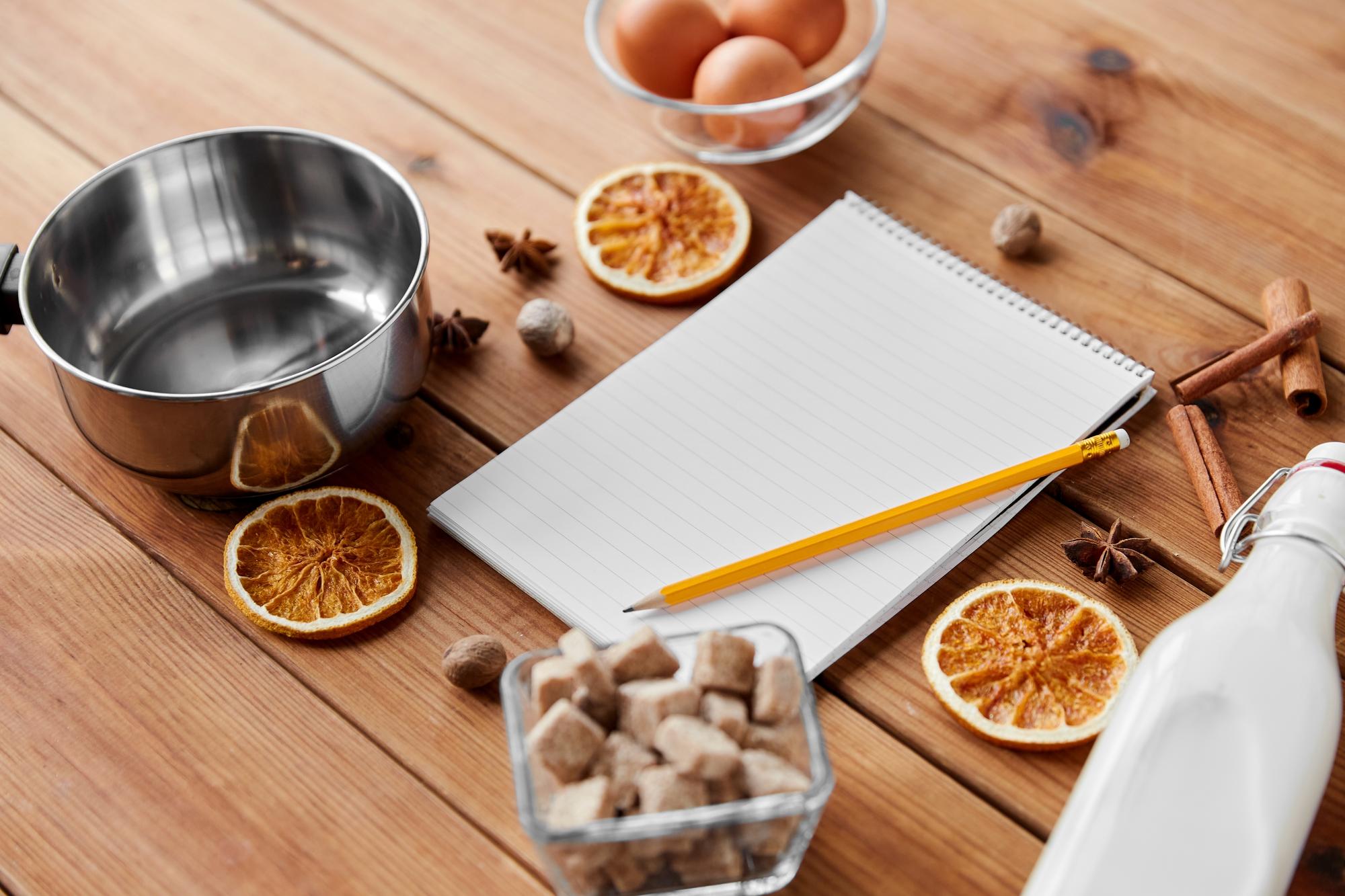 Workspace: tidy kitchen counter with tools and notes
