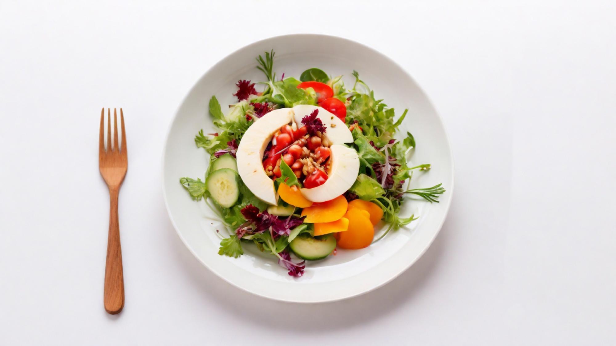 Overhead: plated seasonal salad with bright dressing